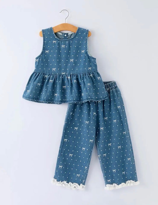 Spring bow dot denim ruffle top and pants