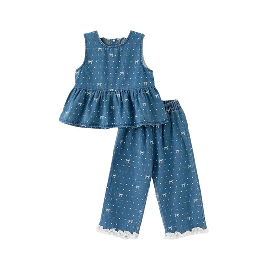 Spring Bow Dot Denim Ruffle Top and Pants